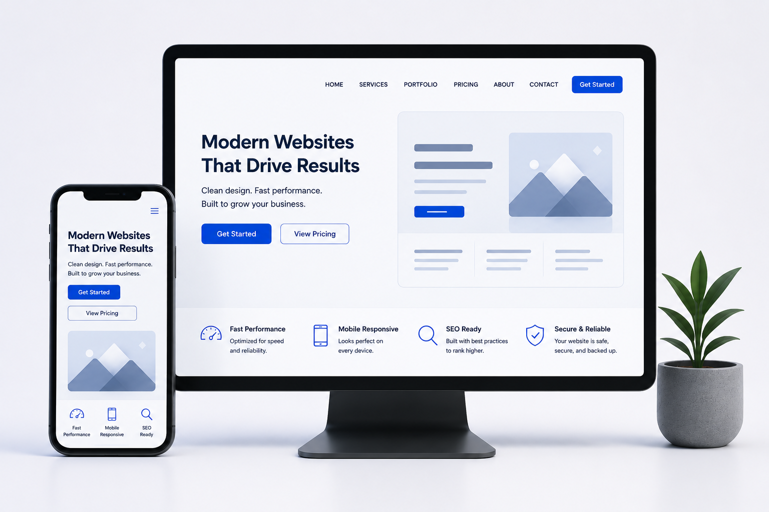 Modern responsive website mockup showing desktop and mobile screens