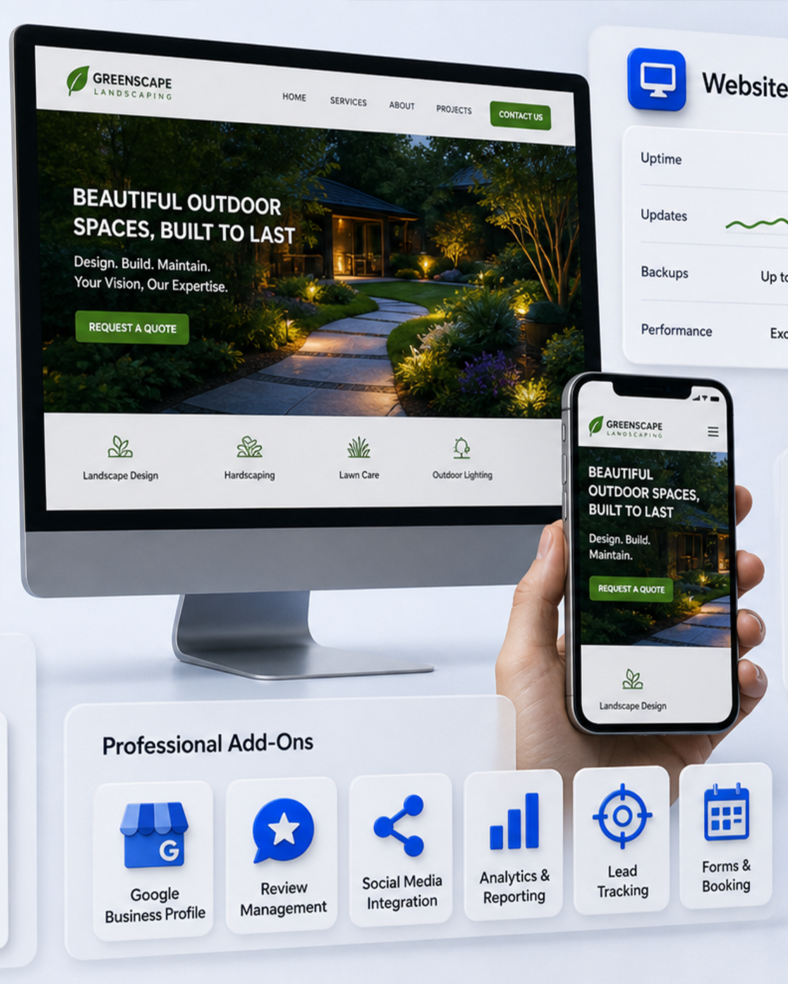 Professional one-page website shown across desktop and mobile screens
